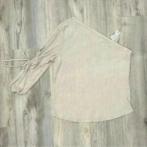 NWT Maurices Beige Tan Asymmetrical Shirt Cold Shoulder Long Sleeve Top Size L